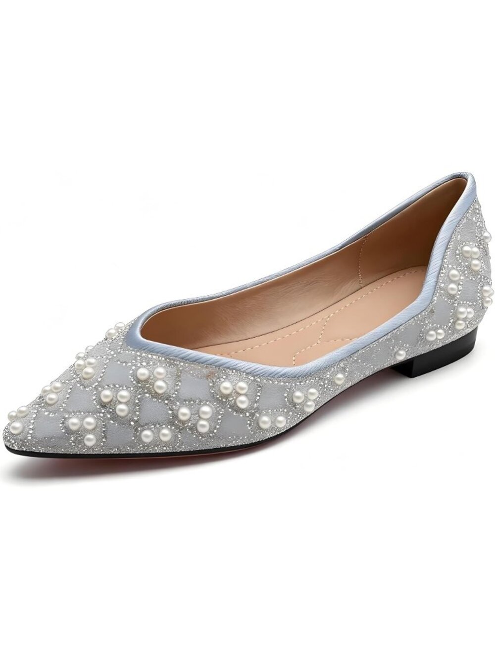 Women’s Blue Rhinestone Flats with Memory Foam Sparkly Ballet Shoes Slip-on